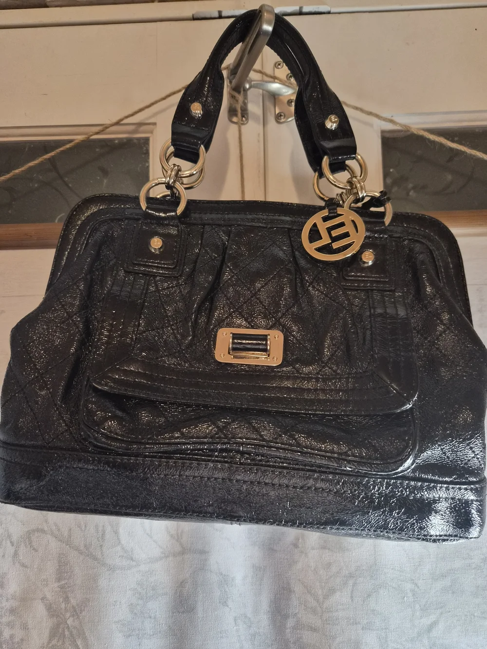 Elliott Lucca Black Patent Leather Satchel Shoulder Bag Gold Hardware EUC